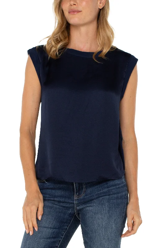 Liverpool Sleeveless Woven Knit Top (Dark Navy) Metallic Knit Tee