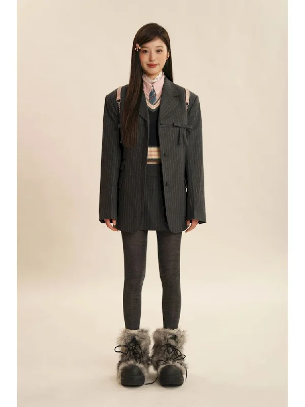 Woven Vertical Stripe Bow Blazer Pair Pleated Halter Skirt 【s0000005998】 Women's Vacation Suit