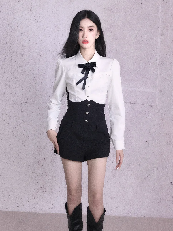 Elegant Contrast Bow-Tie Crop Blazer and High-Waist Shorts Set Women's Party Jacket