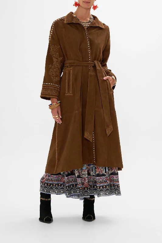 EMBROIDERED LONG SUEDE COAT VOLENDAM DOLLS Sequined Lace Ribbed