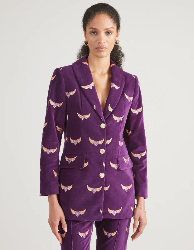 Cora Purple Flying Hearts Embroidered Velvet jacket Front Pockets Side Pockets Patch Pockets Front Pockets Side Pockets Patch Pockets