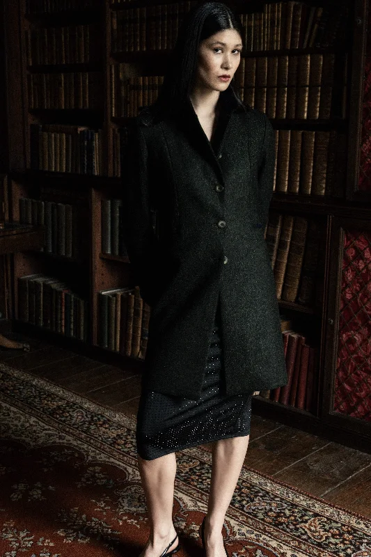 Isabella Tweed Coat - Green Herringbone Shawl Collar Notch Collar Lapel Collar