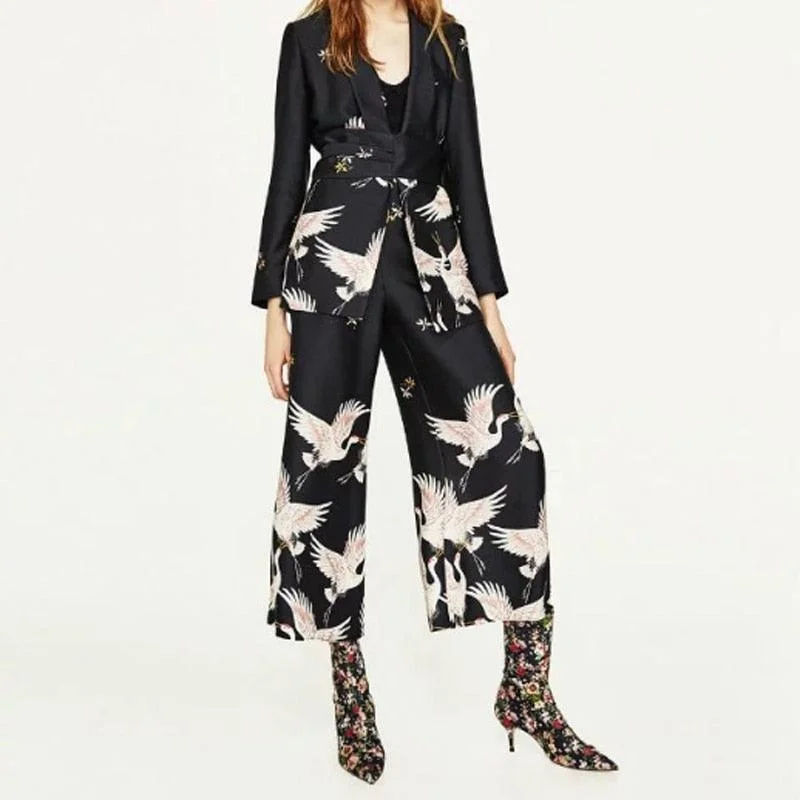 Black and White Vintage Printed Blazer Wide Leg Retro Suits Women's Vacation Suit