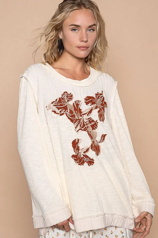 POL Embroidered Round Neck Long Sleeve Knit Top Hemp Knit Blouse