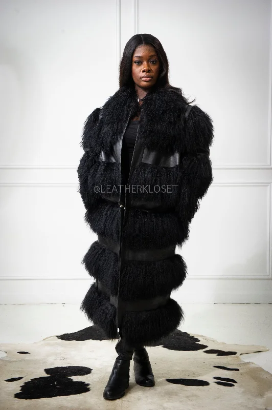 Women's Leather And Mongolian Lamb Fur Convertible Coat [Black] A-Line Ball Gown Mermaid