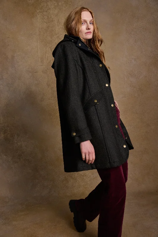 Abbie Tweed Coat - Deep Green Herringbone Lapel Coat Peter Pan Collar Coat Cowl Neck Coat