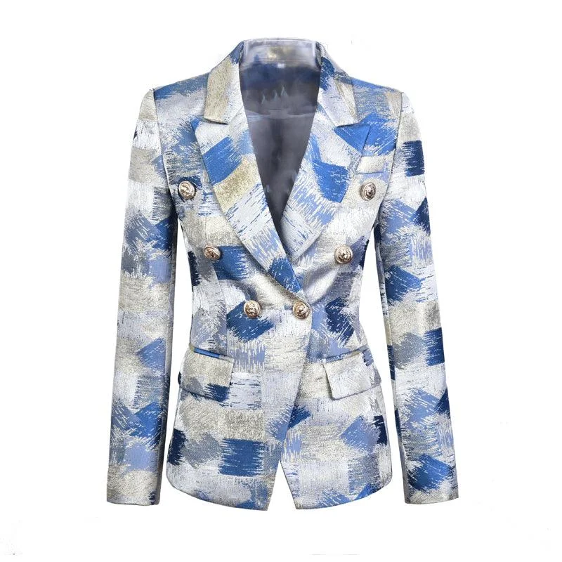 Contrast Color Double Breasted Blazers Women's Print Jacket