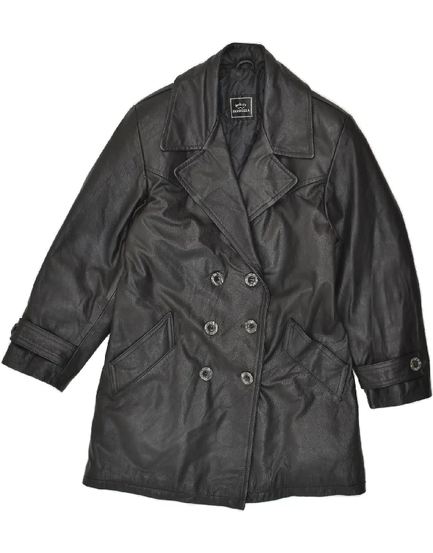 VINTAGE Womens Double Breasted Leather Coat UK 14 Medium Black Leather Turtleneck Wrap Cape VINTAGE Womens Double Breasted Leather Coat UK 14 Medium Black Leather Turtleneck Wrap Cape