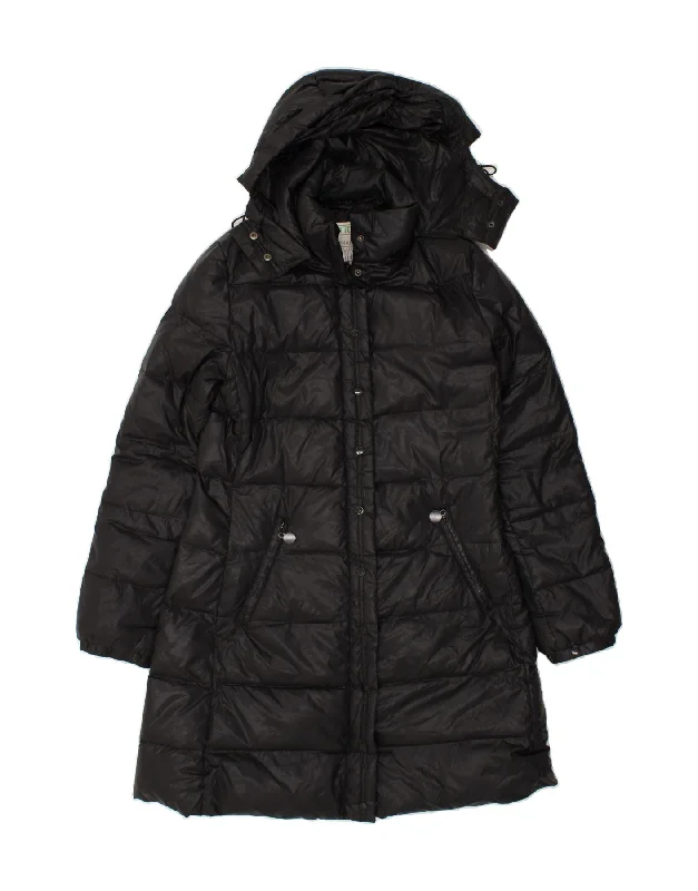 BENETTON Womens Hooded Padded Coat IT 44 Medium Black Faux Fur Real Fur Shearling