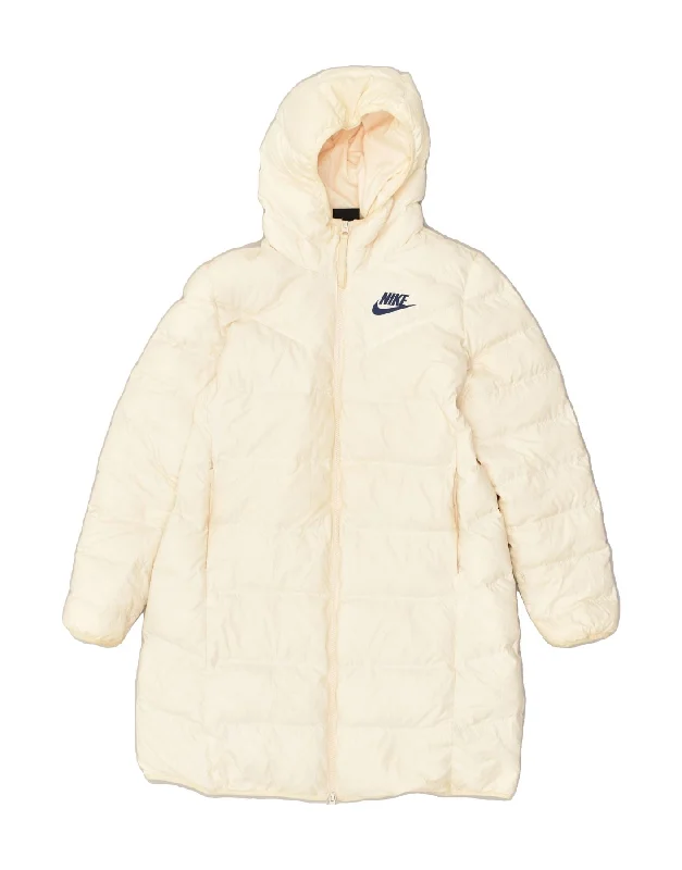 NIKE Womens Hooded Padded Coat UK 16 Large Off White Polyester Rayon Velvet Corduroy
