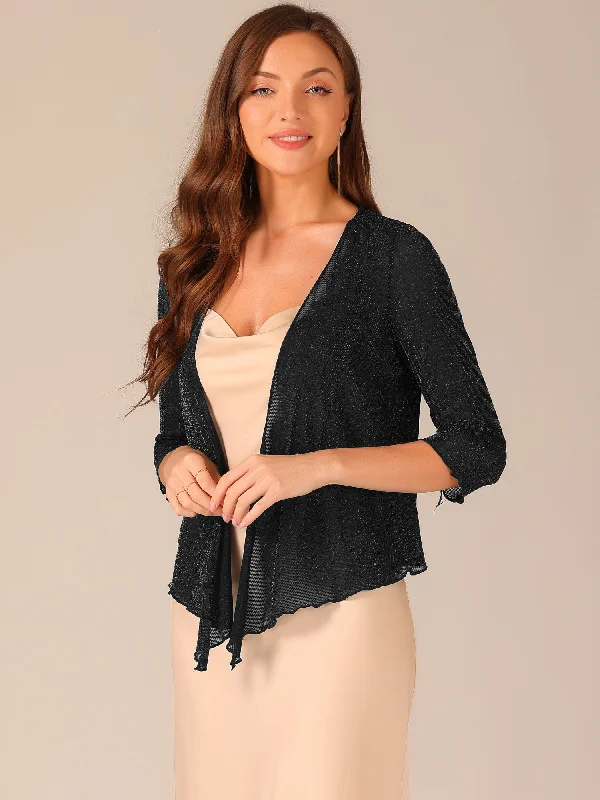 Tie Front 3/4 Sleeve Knit Mesh Glitter Bolero Shrug Cropped Jacket Denim Fabric Leather Fabric Suede Fabric Denim Fabric Leather Fabric Suede Fabric
