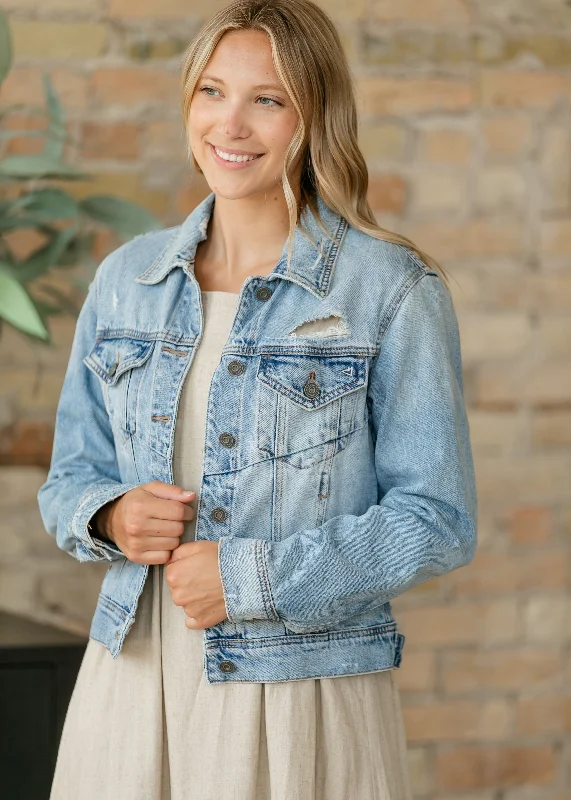 Light Wash Fitted Denim Jacket Notch Collar Peter Pan Collar Cowl Neck Notch Collar Peter Pan Collar Cowl Neck