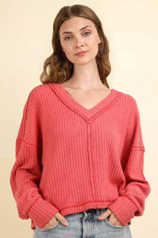 VERY J Exposed Seam V-Neck Ribbed Knit Top Affordable Knit Blouse