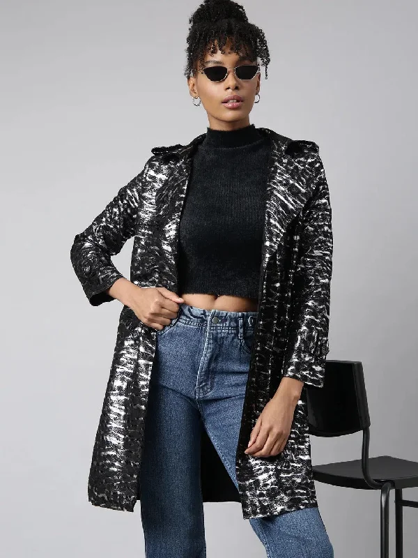 Women Abstract Longline Black Trench Coat-246A-Black Boat Shawl Notched