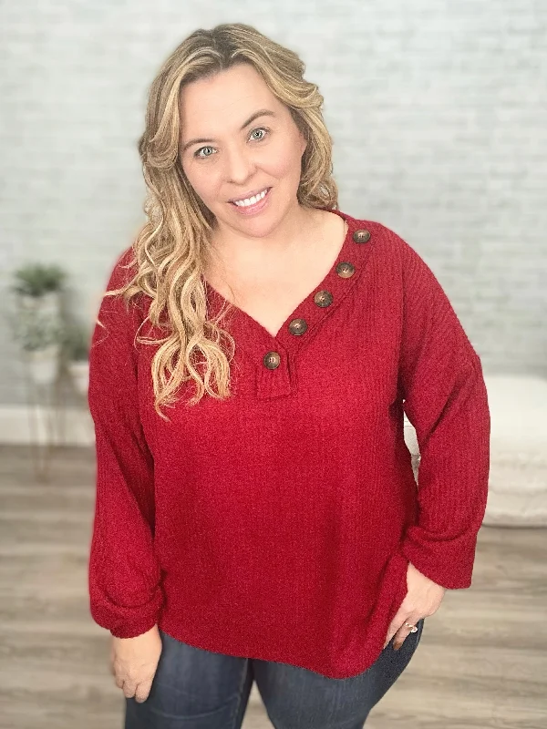 Long Sleeve Waffle Knit Top In Cranberry Warm Knit Tee