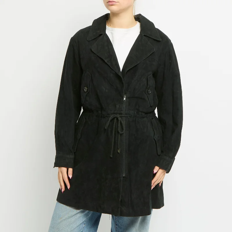 Suede Zip Trench Coat - UK 14 Herringbone Houndstooth Plaid