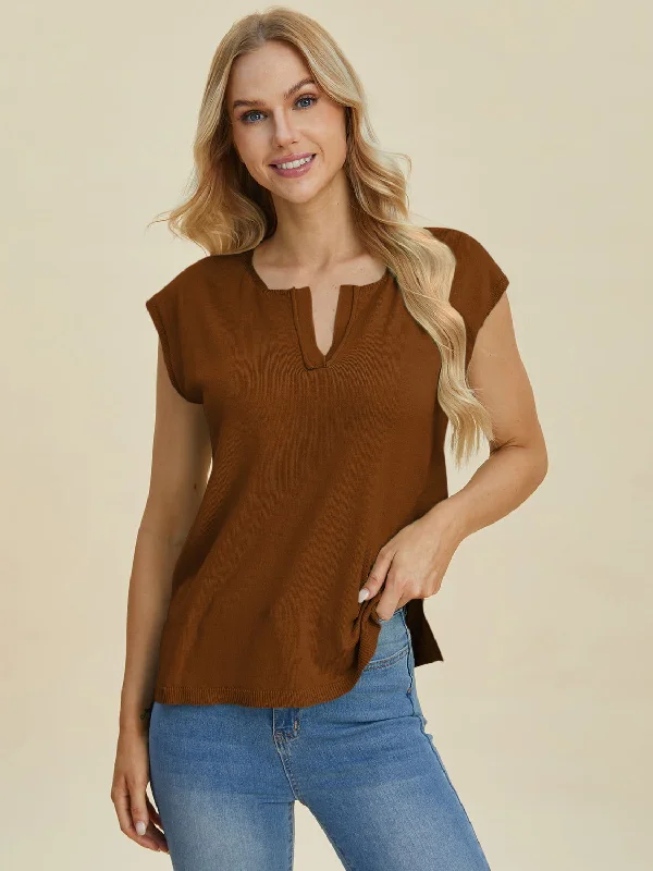 Double Take Full Size Notched Cap Sleeve Knit Top Bamboo Knit Shirt