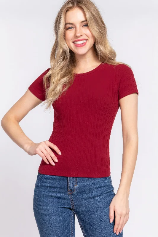 Short Slv Crew Neck Variegated Rib Knit Top Beige Knit Top