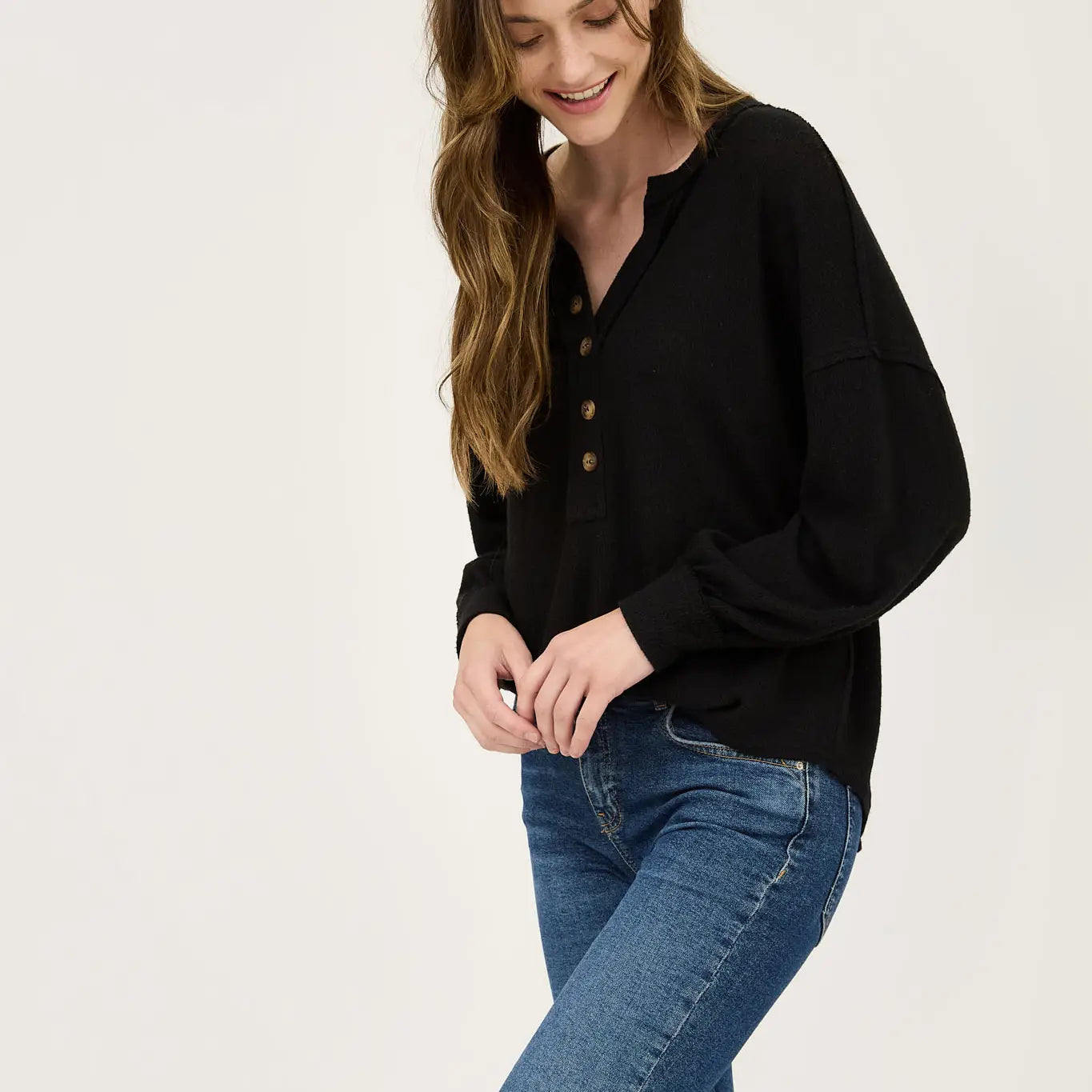 Black Button Knit Top Chic Knit Top