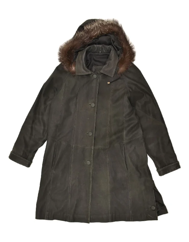 VINTAGE Womens Hooded Leather Coat EU 44 XL Black Leather Raincoat Turtleneck Coat Wrap Coat