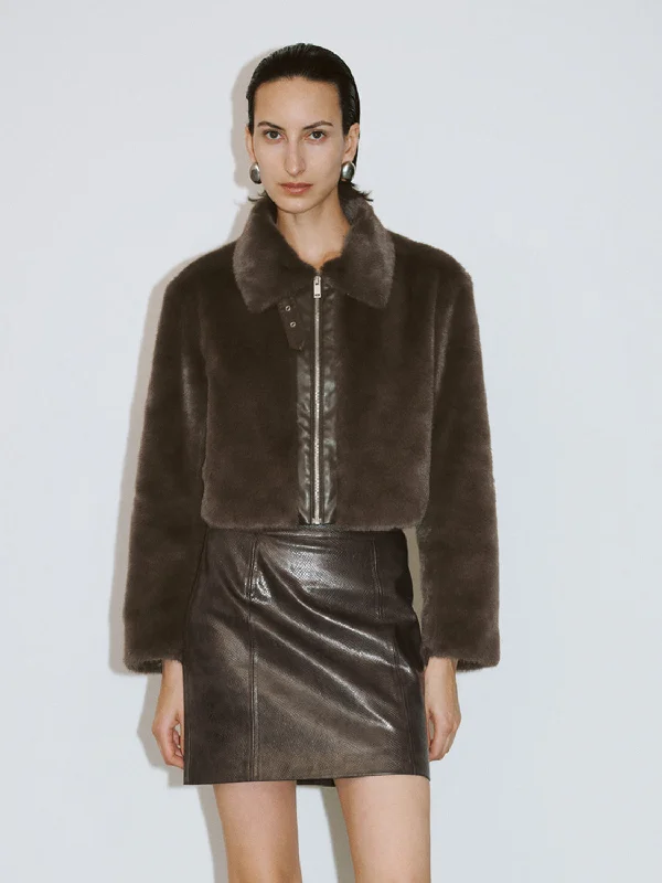 Standard Sleeve Short Fur Coats Welt Pockets Slit Pockets Flap Pockets