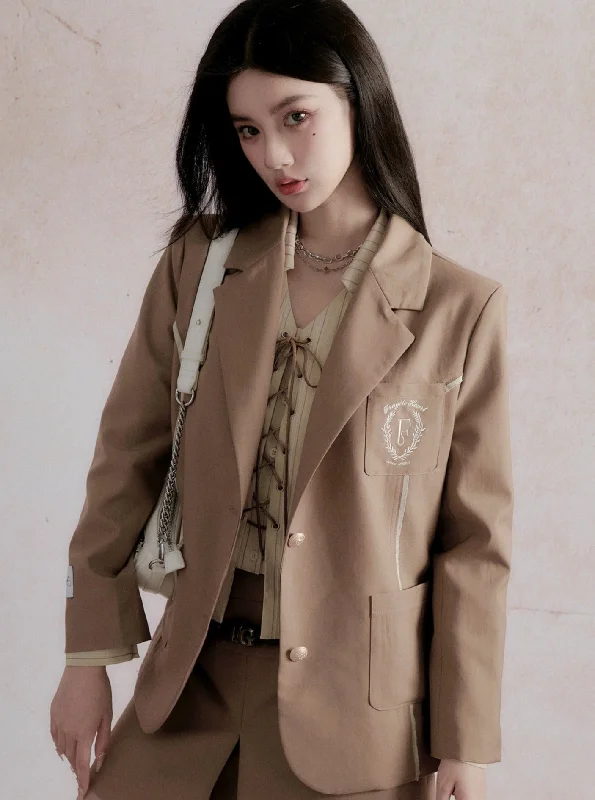 Fragile Heart Preppy Chic Ensemble: Olive Mini Skort, Cream Lace-Up Blouse, and Tailored Khaki Blazer Set Women's Adventure Blazer