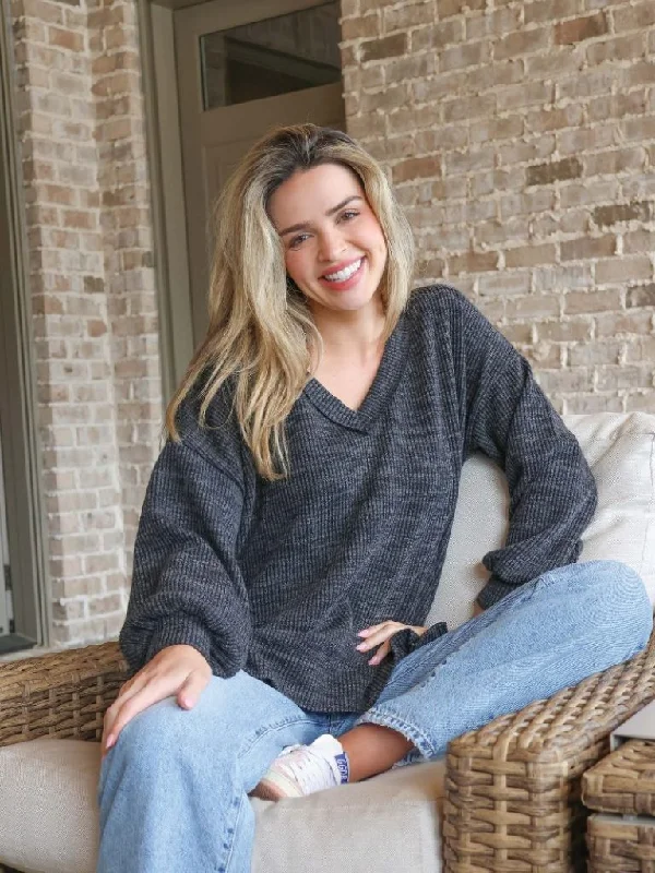 SS V Neck Knit Top - Charcoal Linen Knit Blouse