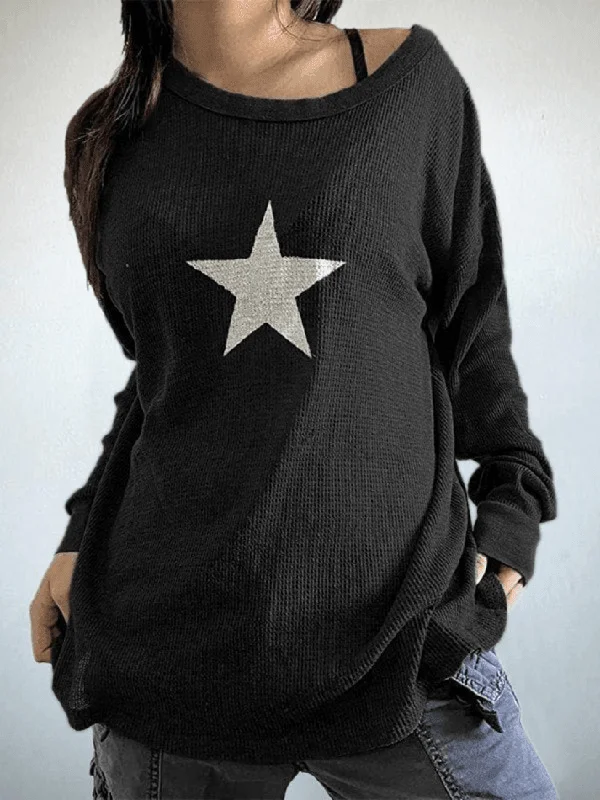 Star Print Long Sleeve Waffle Knit Top Polka Dot Knit Top