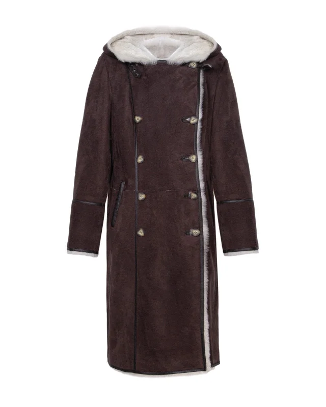 Brown Long Shearling Coat empire Basque Peplum