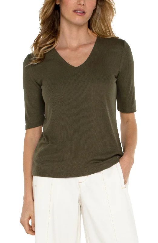 Liverpool Double Layer V Neck 1/2 Sleeve Rib Knit Top (Spanish Olive) Hemp Knit Blouse