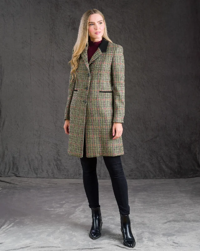 Isabella Tweed Coat - Hacking Check Peter Pan Collar Cowl Neck Turtleneck