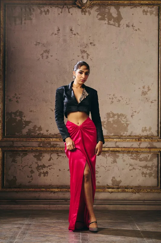 Hot Pink Skirt With Black Blazer Women's Elegant Suit