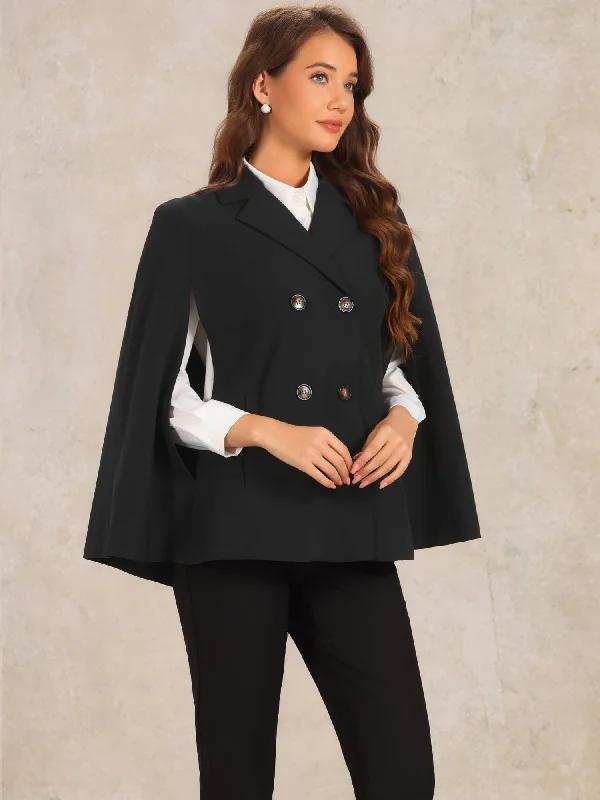 Double Breasted Notched Lapel Collar Office Cloak Cape Blazer Women's Travel Jacket