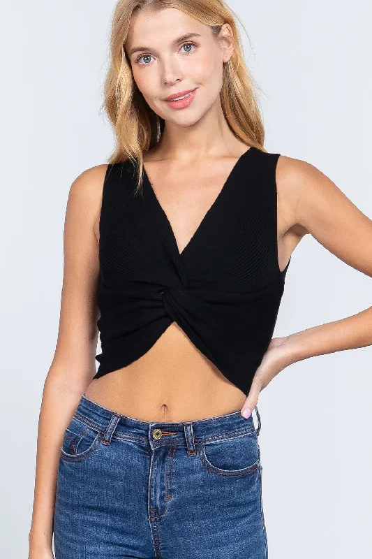 Sleeveless V-neck Twist Knot Knit Top Halter Neck Knit Tee