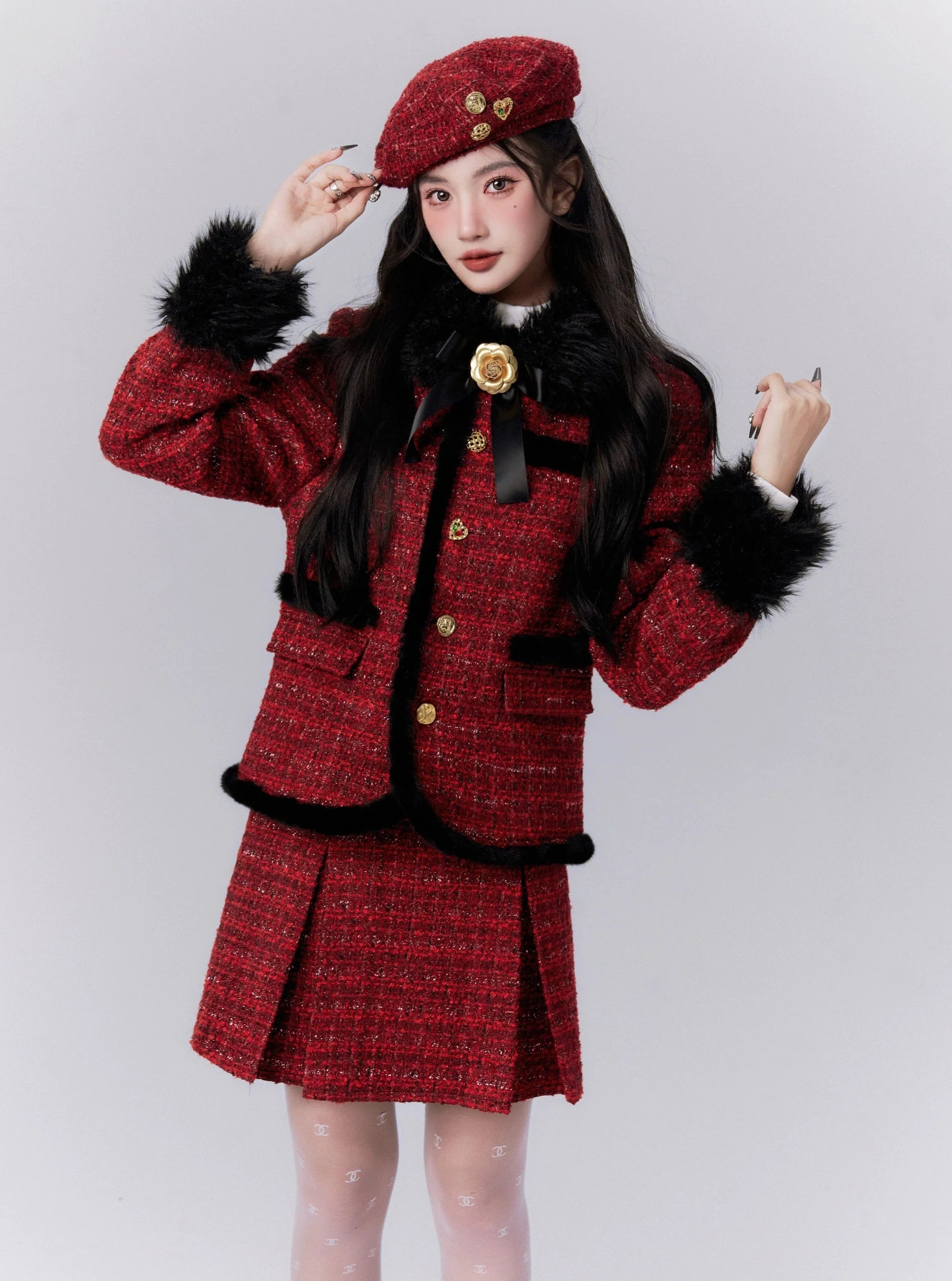 Luxe Burgundy Tweed Set: Fur-Trimmed Blazer and Pleated Mini Skirt Women's Banquet Suit