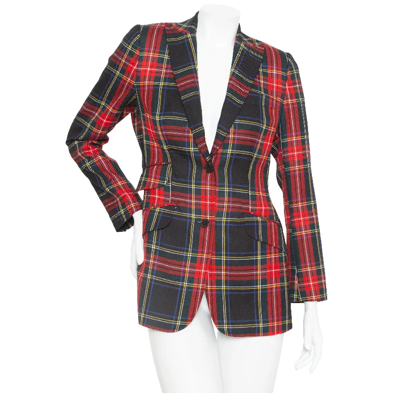 Red and Navy Wool-Blend Tartan Leopard Print Blazer Women's Luxurious Jacket
