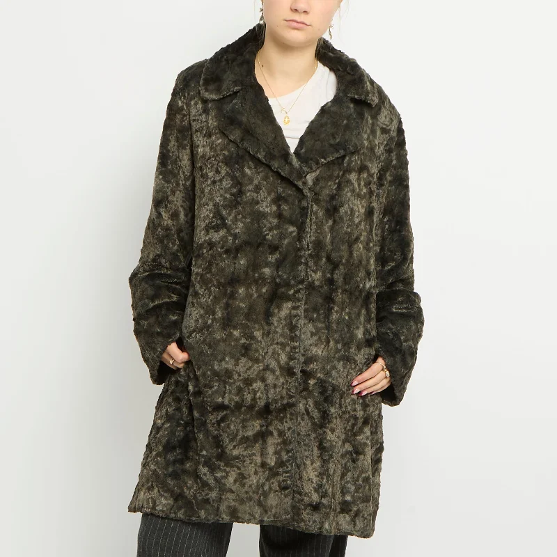 Button Up Lined Faux Fur Trench Coat - UK 12 Lapel Coat Peter Pan Collar Coat Cowl Neck Coat