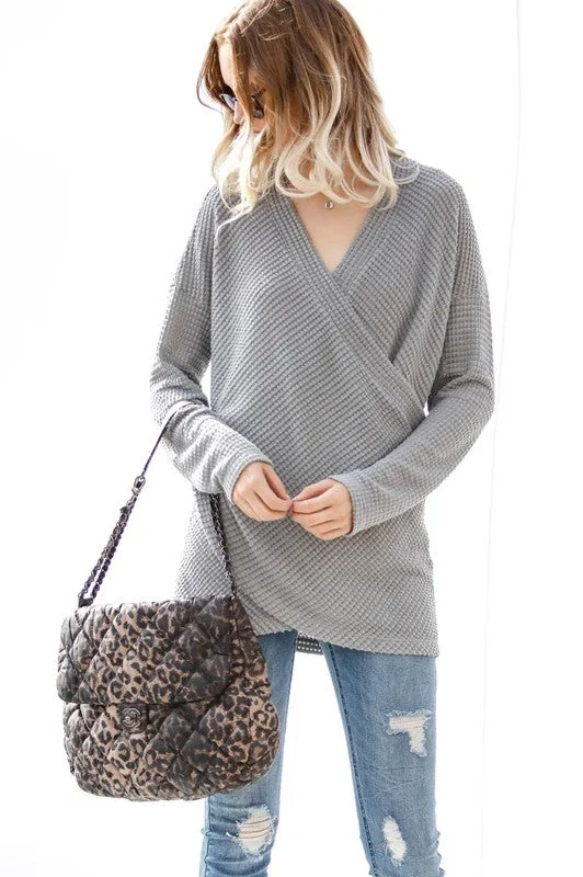 Grey Waffle Knit Top Metallic Knit Tee
