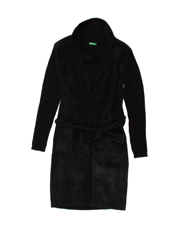 BENETTON Womens Belted Leather Coat UK 10 Small Black Patchwork Leather Fleece Down Feather