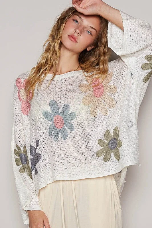 POL Flower Dropped Shoulder Long Sleeve Knit Top In White Mint Green Knit Blouse