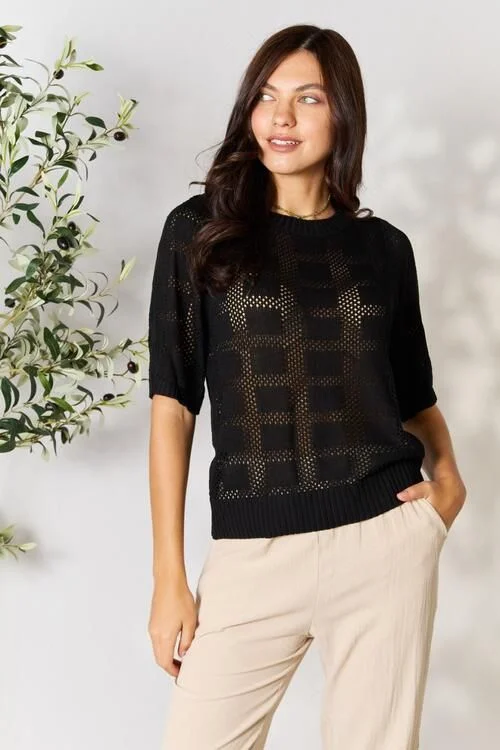 Double Take Ribbed Trim Round Neck Knit Top Holiday Knit Blouse