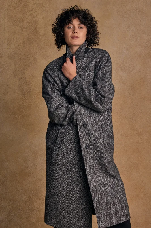 Shauna Tweed Coat - Grey Herringbone Zip Front Button Front Snap Front