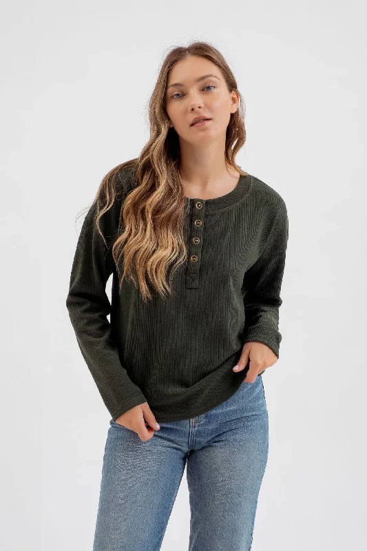 Green Henley Knit Top Modern Knit Blouse