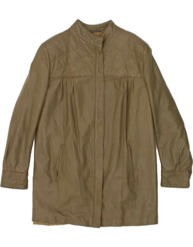 VINTAGE Womens Leather Coat IT 44 Medium Khaki Leather Cape Coat Herringbone Coat Tweed Coat