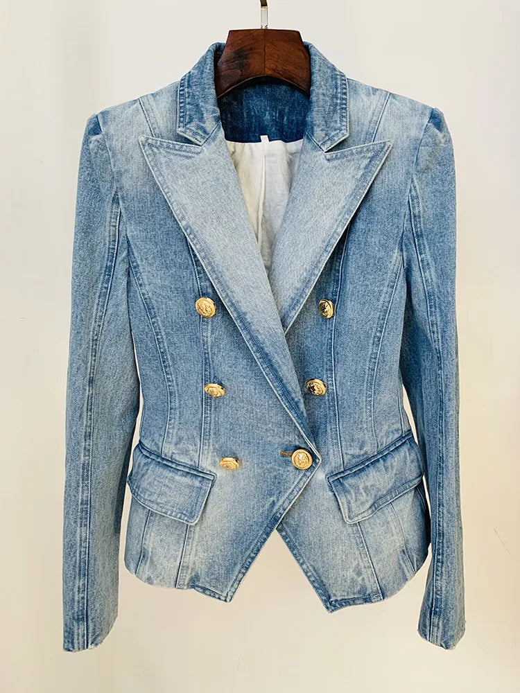 Denim Double Breasted Lion Buttons Blazer Women's Business Blazer