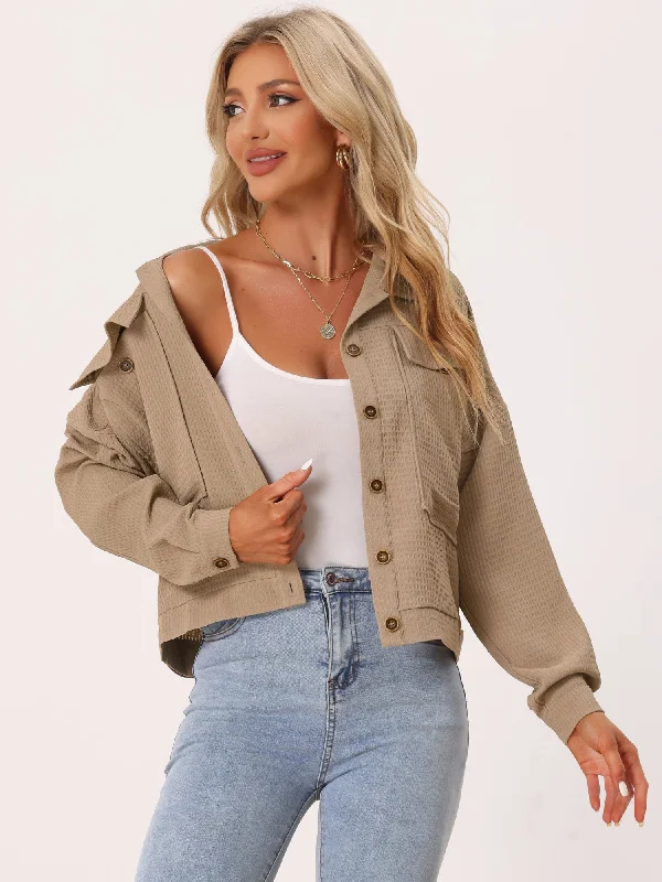 Waffle Shacket Drop Shoulder Pocket Collared Shirt Jacket A-Line Jacket Boat Neck Shawl Collar A-Line Jacket Boat Neck Shawl Collar
