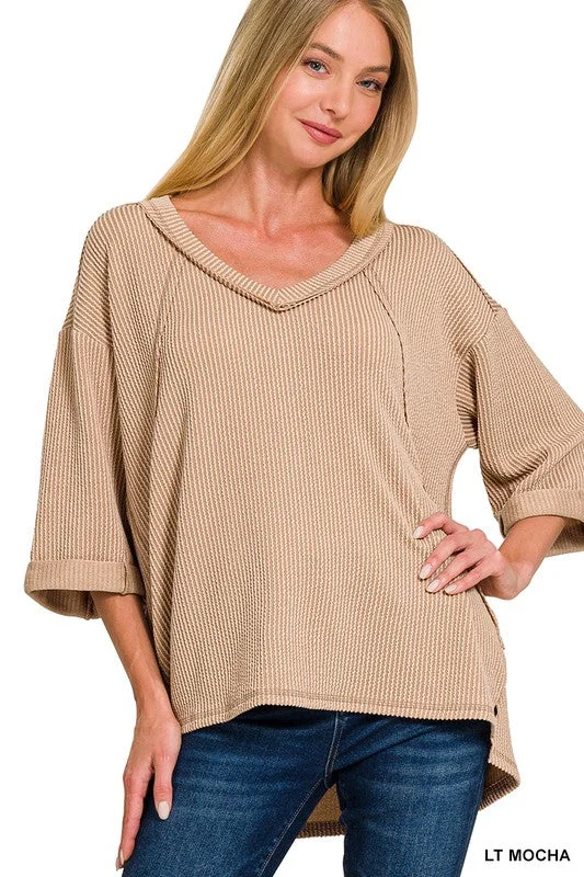 Highs And Lows Light Mocha Corded Rib Knit Top (Size Small/Medium) Evening Knit Shirt