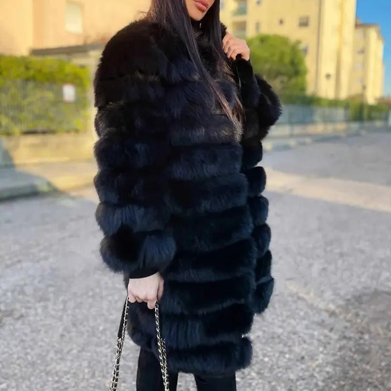 QUEENTINA Real Fox Fur Coat Winter Women's Long Sleeves Clothing Fitted Loose Oversized