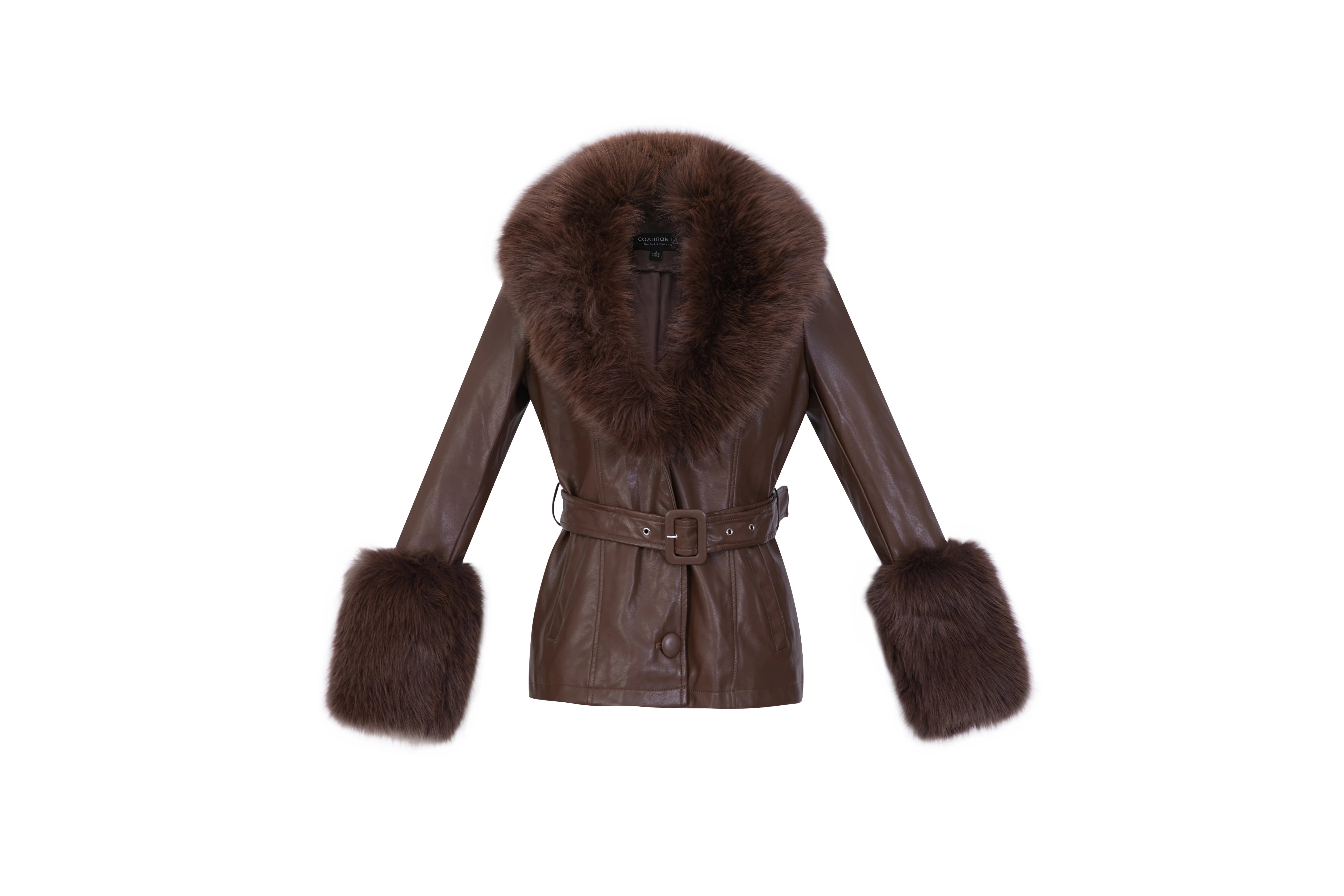 Brown Short Faux Leather Coat with Detachable Fur Bomber Denim Leather