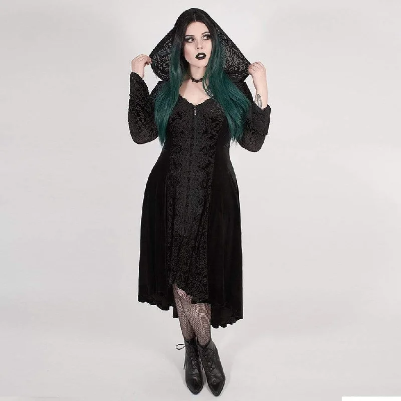 Women's Victorian Gothic Black Velvet and Lace Hooded Long Coat Shawl Collar Notch Collar Lapel Collar